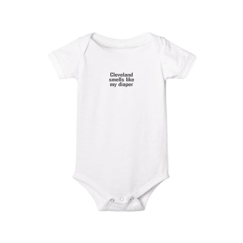 White infant jersey one piece with bold 'Cleveland smells like my diaper' print, ideal for baby shower gifts.