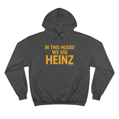 In This House We Use Heinz - Champion Hoodies Hoodie Printify Charcoal Heather S 