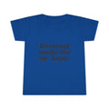 Blue toddler T-shirt with black print 'Cleveland smells like my diaper,' designed for humorous and casual kids clothing.