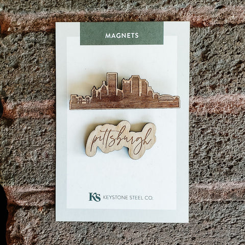 Pittsburgh Skyline Magnets Pack of 2 – Wooden Fridge Magnets & Magnetic Photo Holders