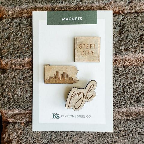 Pittsburgh Skyline Magnets – Wooden Fridge Magnet Pack of 3 | Steel City Gifts