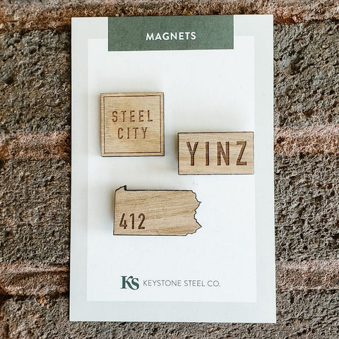 Pittsburgh Refrigerator Magnets – Pack of 3 Wooden Fridge Magnets | Steel City, YINZ, 412 in PA