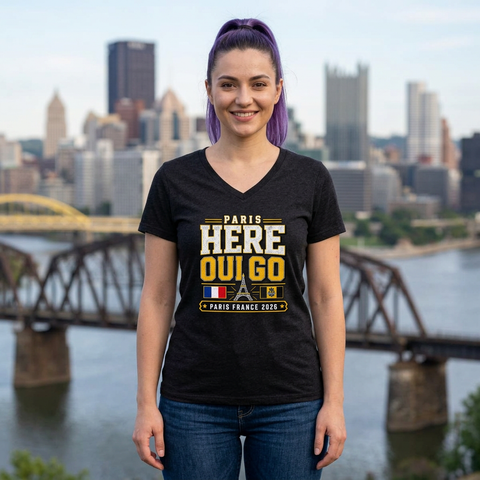 Paris 'Here Oui Go' Women's V-Neck Tee — France 2026 Travel Souvenir