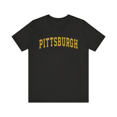 Vintage Classic Pittsburgh Short Sleeve T-Shirt in black with bold yellow arched lettering, ideal for casual and sporty outfits.