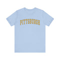 Light blue Vintage Classic Pittsburgh Short Sleeve T-Shirt with yellow arched lettering, stylish slim fit and express delivery.