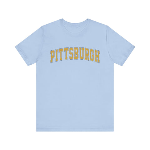 Light blue Vintage Classic Pittsburgh Short Sleeve T-Shirt with yellow arched lettering, stylish slim fit and express delivery.