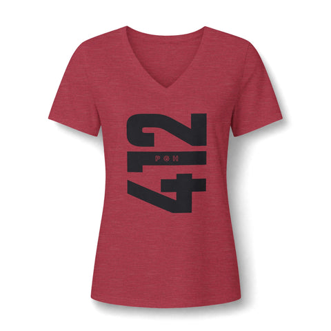 412 Bold Vertical Number Women's V-neck Tshirt  — Minimalist Monochrome Graphic T-Shirt