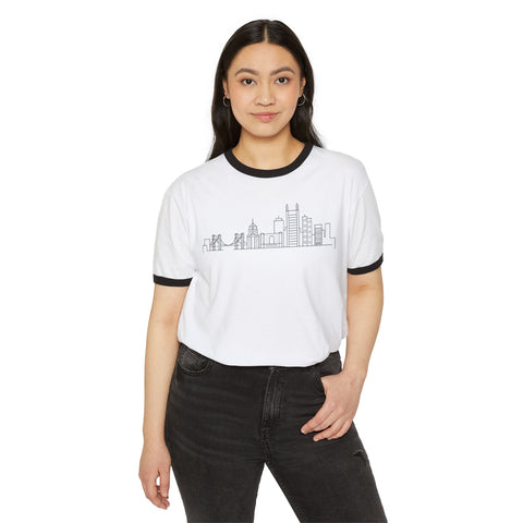Pittsburgh Skyline Doodle - Next Level Unisex Cotton Ringer T-Shirt