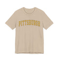 Front of beige Vintage Classic Pittsburgh Short Sleeve T-Shirt with yellow Pittsburgh text, ideal for casual and sporty outfits.