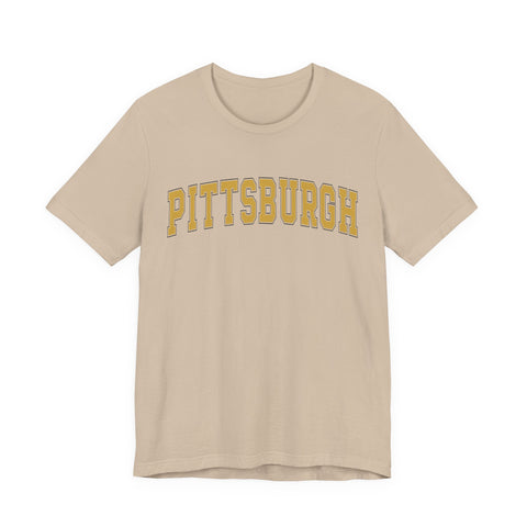 Front of beige Vintage Classic Pittsburgh Short Sleeve T-Shirt with yellow Pittsburgh text, ideal for casual and sporty outfits.
