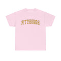 Soft pink unisex Pittsburgh t-shirt with vintage yellow text, made from heavy cotton and available with express delivery.