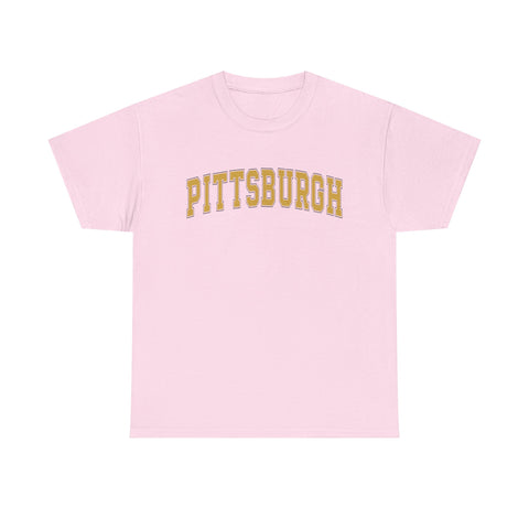 Soft pink unisex Pittsburgh t-shirt with vintage yellow text, made from heavy cotton and available with express delivery.
