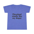 Heather blue toddler T-shirt with black text 'Cleveland smells like my diaper,' a playful and trendy kids clothing piece.