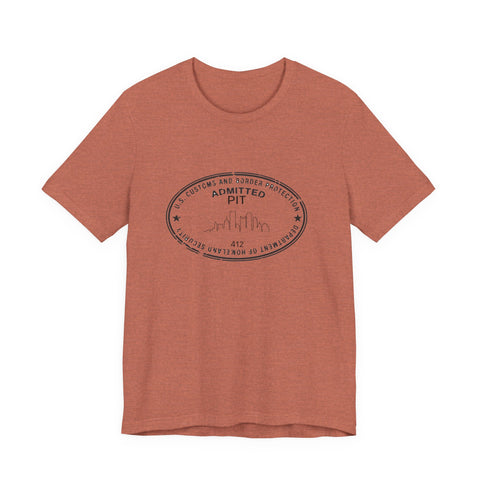 Pittsburgh Border Stamp - Short Sleeve T-Shirt in heather clay with black stamp graphic, ideal for fast delivery and stylish comfort.