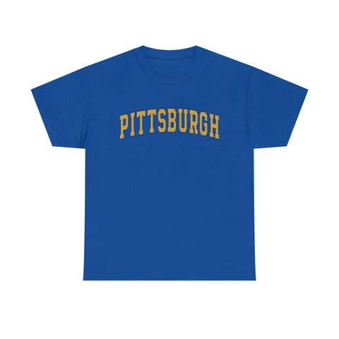 Royal blue Pittsburgh t-shirt with vintage yellow text, unisex heavy cotton tee perfect for casual wear and quick delivery.