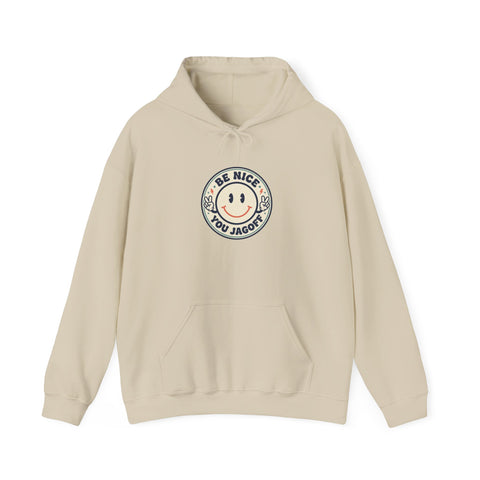 Be Nice You Jerk smiley crest Hoodie | cheeky slogan, vintage patch style