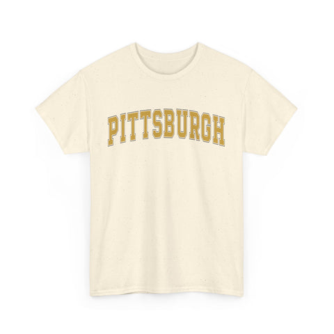 Natural speckled Vintage Classic Pittsburgh tee with yellow text, unisex fit and crew neck for timeless casual wear.