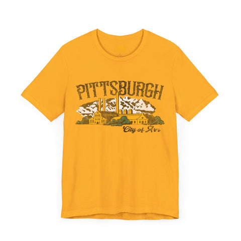 Pittsburgh City of Iron Vintage Logo - Short Sleeve Tee T-Shirt Printify Gold S 