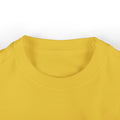 Close-up of yellow infant T-shirt neckline, made from soft jersey fabric for toddler wear.
