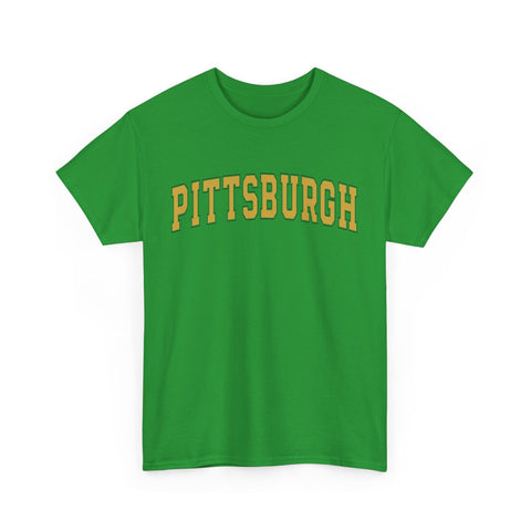 Bright green unisex Pittsburgh t-shirt with bold yellow lettering, made from heavy cotton for comfort and fast delivery.