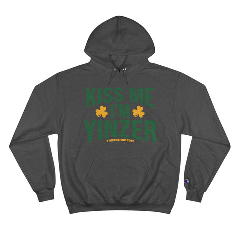 Kiss Me, I'm Yinzer - St Patty's Day - Champion Hoodie Hoodie Printify Charcoal Heather S 