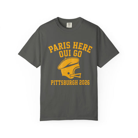 Paris Here We Go Pittsburgh 2026 French Beret Helmet on Premium Comfort Colors® T-Shirt