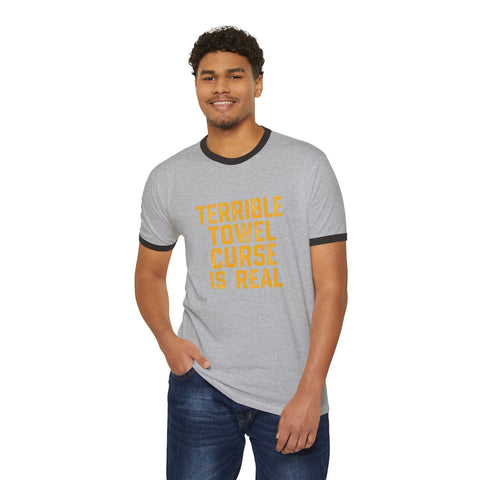 Ringer T-Shirt — "Terrible Towel Curse Is Real" Steelers Fan Tee