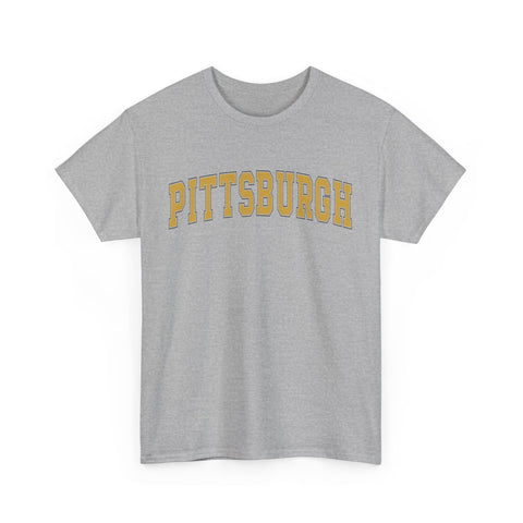 Vintage Classic Pittsburgh - Unisex Heavy Cotton Tee in sport grey with bold yellow text, ideal for casual wear and fast delivery options.