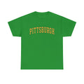 Bright green Vintage Classic Pittsburgh tee in unisex fit, featuring bold yellow collegiate text and crew neck design.