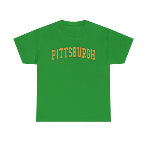 Bright green Vintage Classic Pittsburgh tee in unisex fit, featuring bold yellow collegiate text and crew neck design.