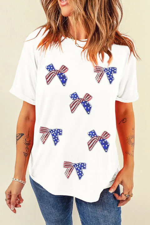 Patriotic Sequin Tee - Flag Bow Shirt Crew Neck T-Shirt with Sparkly Flag Design