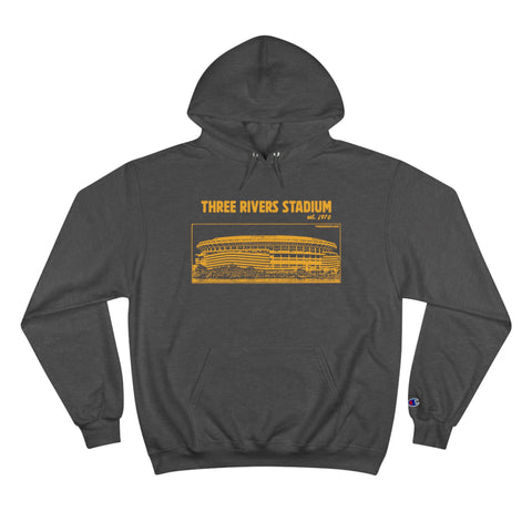 Three Rivers Stadium - Retro Schematic - Champion Hoodie Hoodie Printify Charcoal Heather S 