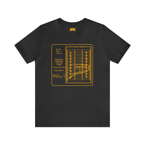 Famous Pittsburgh Sports Plays - Trick Play Gives One for the Thumb - Super Bowl XL - Short Sleeve Tee T-Shirt Printify Dark Grey Heather S 