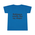 Royal blue toddler T-shirt with black 'Baltimore smells like my diaper' print, a funny and bold kids fashion statement.