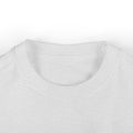 Close-up of light gray infant T-shirt neckline, made from soft cotton for baby comfort.