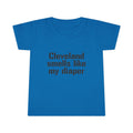 Royal blue toddler T-shirt featuring the humorous phrase 'Cleveland smells like my diaper' in black, ideal for fun kids outfits.