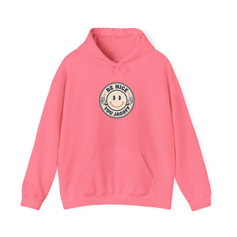 Be Nice You Jerk smiley crest Hoodie | cheeky slogan, vintage patch style