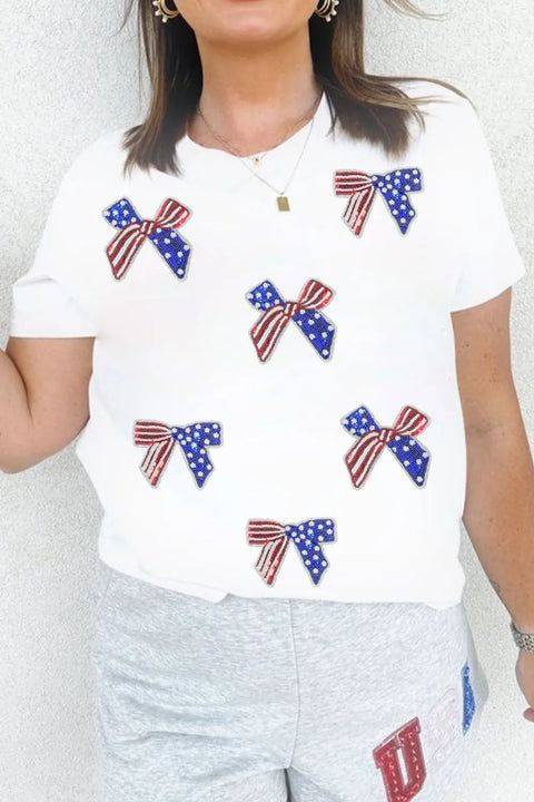 Patriotic Sequin Tee - Flag Bow Shirt Crew Neck T-Shirt with Sparkly Flag Design