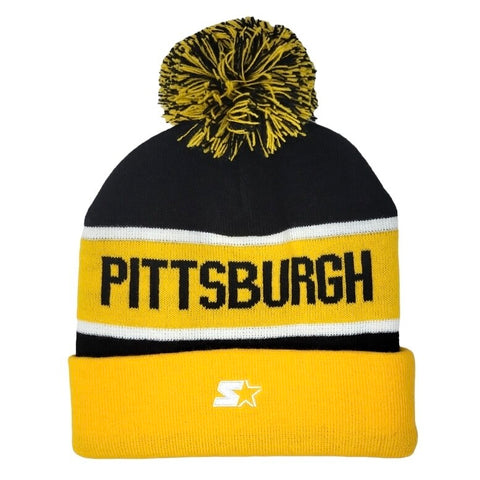 Pittsburgh Steelers Starter Knit Cap Stripe Pom Pom Hat Knit Beanies Turnovers Inc