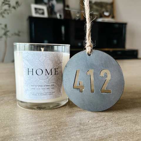 Pittsburgh 'Home' Candle + '412' Steel Ornament Set Candles Keystone Steel Co.   