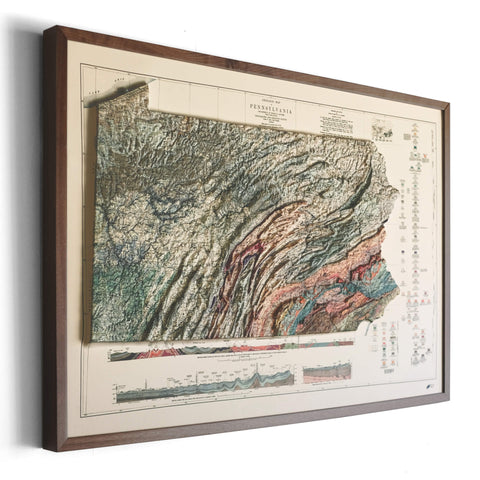 3D Raised Relief Map Pennsylvania – Framed Walnut, Topographic Terrain Artwork 3D - YinzerShop