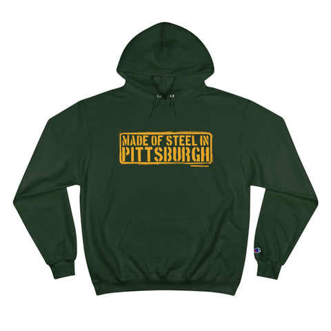 Made of Steel in Pittsburgh Hoodie Black - Champion Hoodie Hoodie Printify Dark Green S 