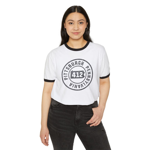 412 Area Code Pittsburgh Pa Stamped Ringer T-Shirt T-Shirt - YinzerShop