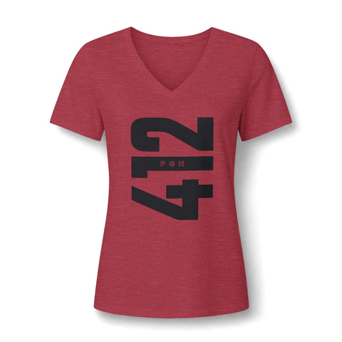 412 Bold Vertical Number Women's V-neck Tshirt — Minimalist Monochrome Graphic T-Shirt T-Shirt - YinzerShop