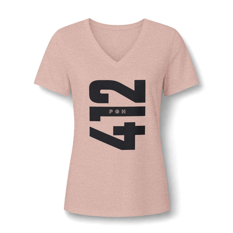 412 Bold Vertical Number Women's V-neck Tshirt — Minimalist Monochrome Graphic T-Shirt T-Shirt - YinzerShop