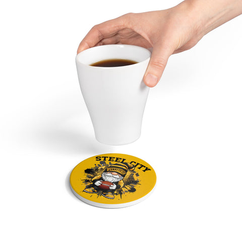Steel City Gnome Ceramic Coaster – Pittsburgh Football Cork-Back Drink Mat