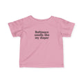 Pink infant jersey T-shirt with bold black 'Baltimore smells like my diaper' text for baby apparel.