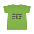 Green toddler T-shirt with black text 'Cleveland smells like my diaper,' perfect for humorous and casual kids clothing collections.