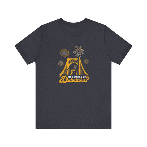 Yinz Wanna Go Dahntahn for Fireworks - Vintage Logo - Short Sleeve Tee T-Shirt Printify Heather Navy S 