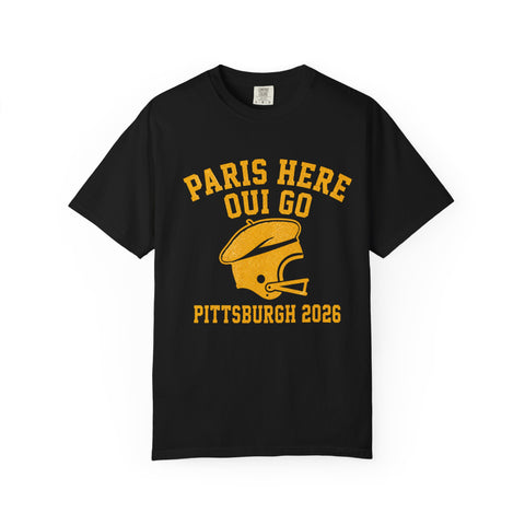 Paris Here We Go Pittsburgh 2026 French Beret Helmet on Premium Comfort Colors® T-Shirt